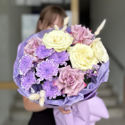 Букет 🪷«Прованс»💜 с нежными французскими розами 🌿и кустовой хризантемой🫶