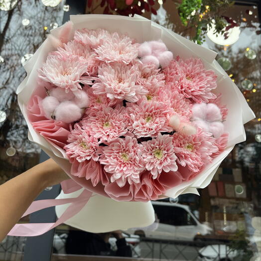 Авторский букет с хризантемой,хлопком и лагурусом 🌸