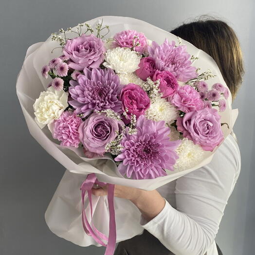 Букет лавандовый 💜 ароматная Роза Маритим 🌸 перламутровая Хризантема 🩷 кустовая пионовидная Роза 🌸