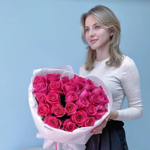 Букет из 25 малиновых роз «Малиновый закат»💗 25932