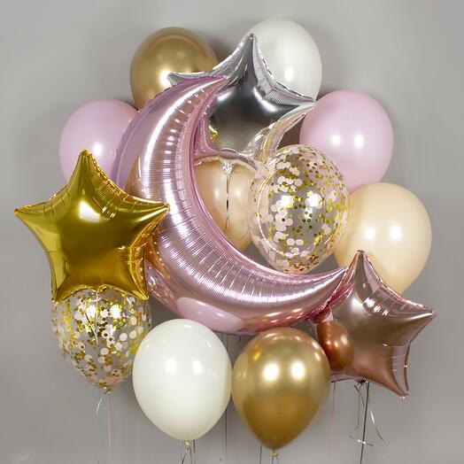Набор красивых гелиевых шаров "Нежный месяц" из 14 шт