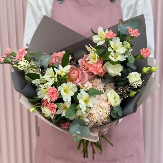 Author's bouquet of pink Hydrangea and white Alstroemeria