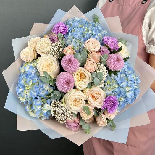 Author's bouquet of blue Hydrangea, peony-shaped Roses and Momoko Chrysanthemum