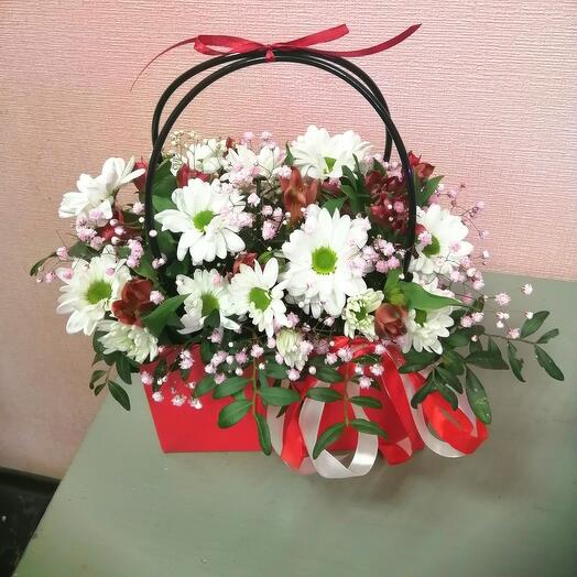 Handbag with chrysanthemum and alstroemeria