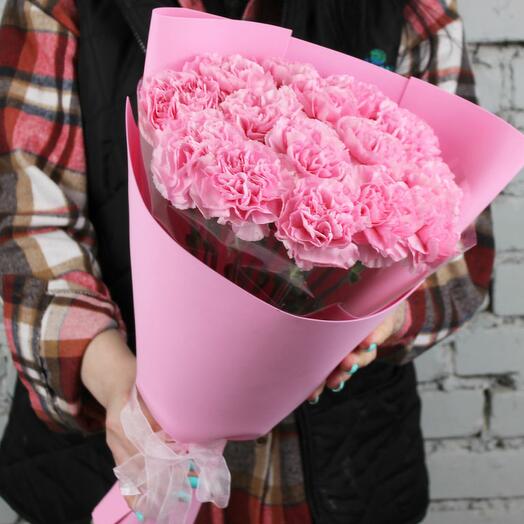 Bouquet of 15 pink carnations in a package