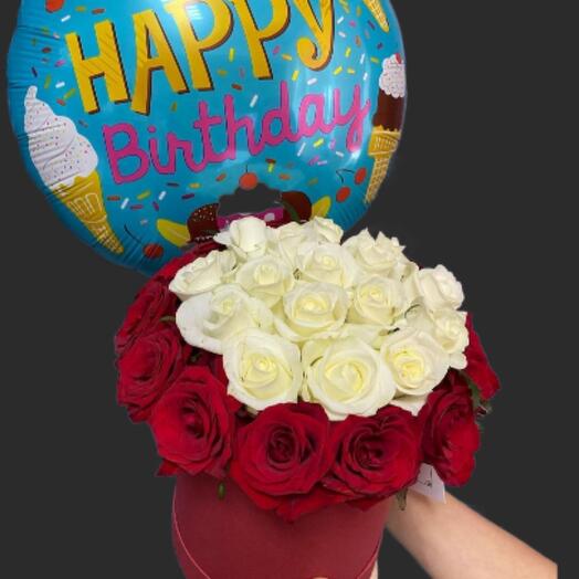 Flowers box and birthday balloon