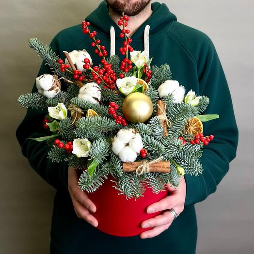 Новорічна композиція в коробці з Нобілісу. Букет F136 Квіти Столиці