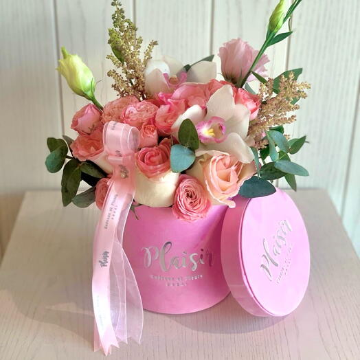 Sweet Pink Candy box with roses orchids and eucalyptus