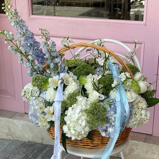 Jazz Blues Basket with Hydrangeas and Roses