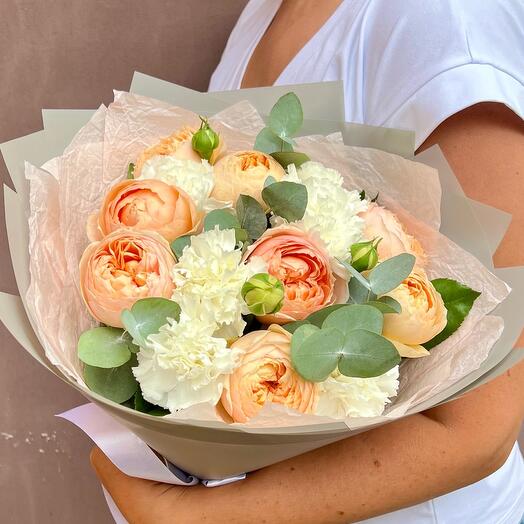 Amber roses with white dianthus and eucalyptus
