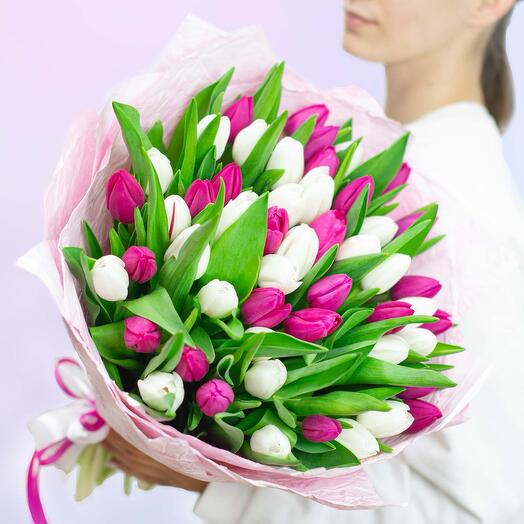 Букет из 51 розового и белого тюльпана
