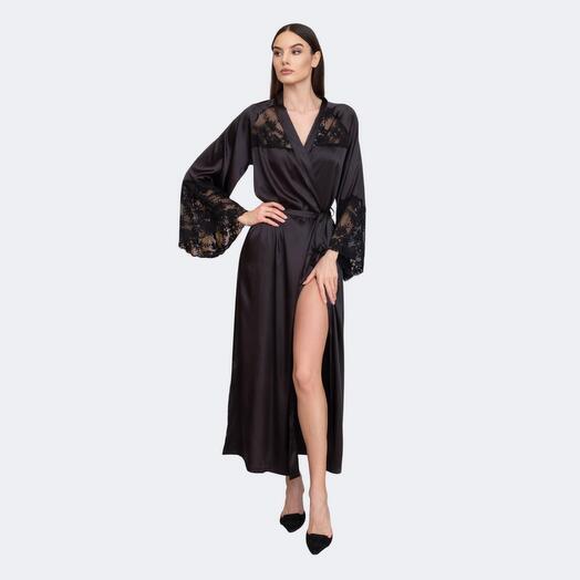 Чёрный длинный халат из натурального шёлка Adelina 2XL/3XL
