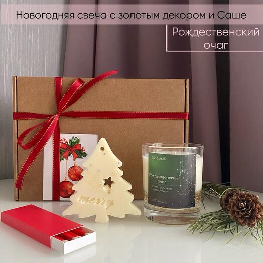 Новогодняя свеча с золотым декором и саше, аромат  «Рождественский очаг»