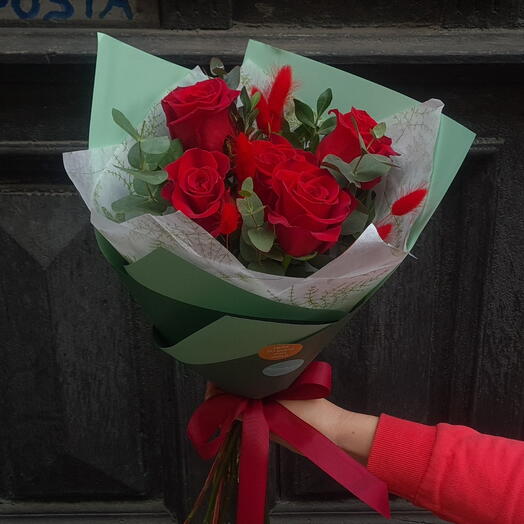 Red roses with eucalyptus bouquet