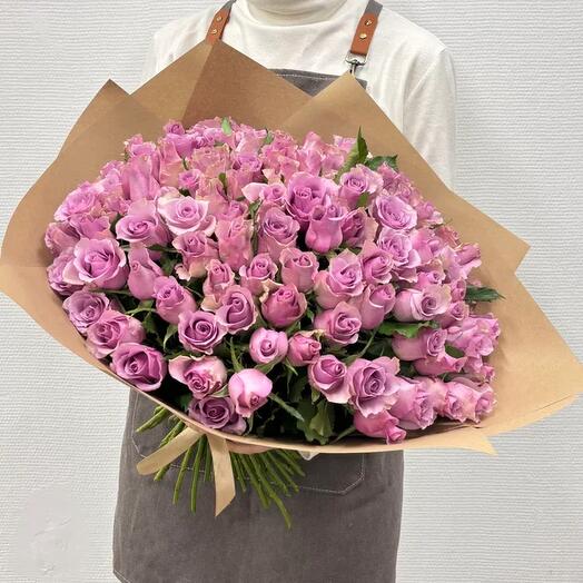 Bouquet of 101 lilac roses in a craft package