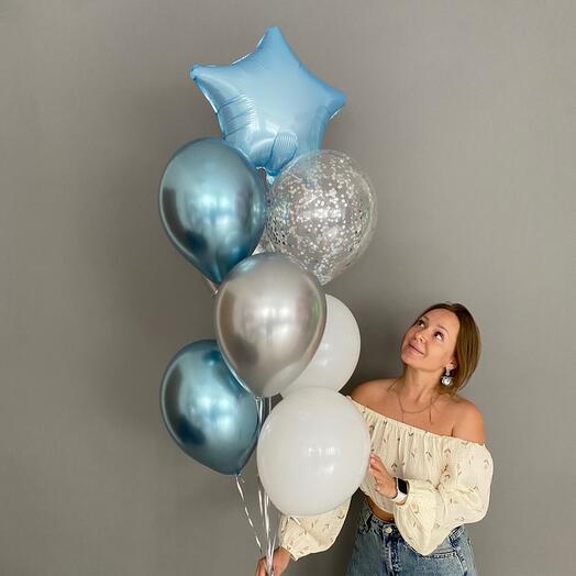 Fuente de globos de Cumpleaños para niño, hombre, niña en azul y plata 8 piezas