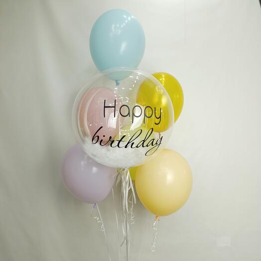 Фонтаны из шара баблса с надписью happy birthday и шестью шариками
