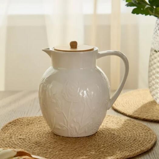 Кувшин с бамбуковой крышкой Луговые Цветы фарфор белый v=1.3 л