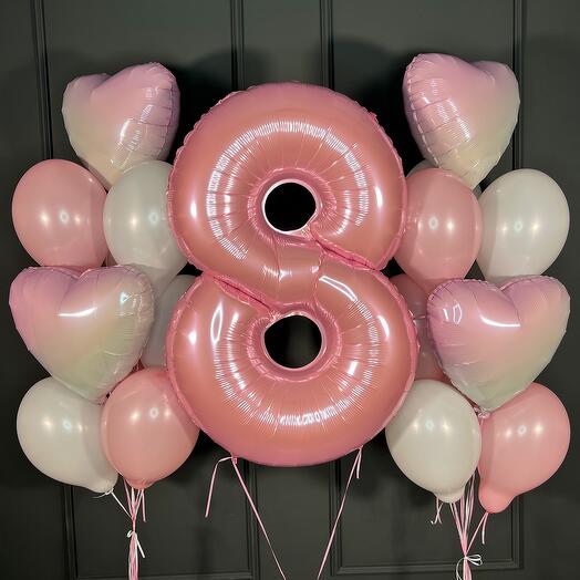 Composition of white-pink balls and white-pink hearts with a number
