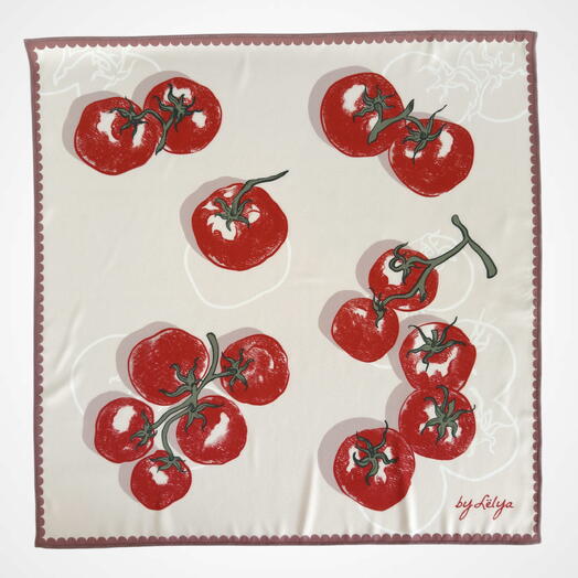 Шелковый платок «Томаты» 90х90 бежевый