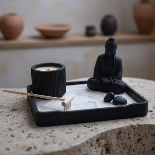 Подарочный набор "Японский Сад дзен" аромасвеча, шунгит, статуэтка Будда, сад камней, сад для медитации