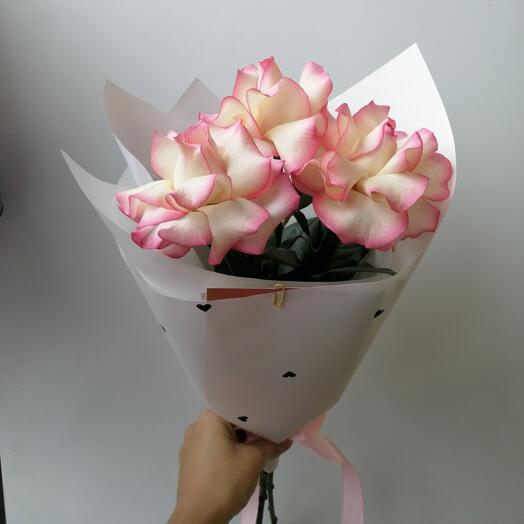 3 бело-розовые французские розы