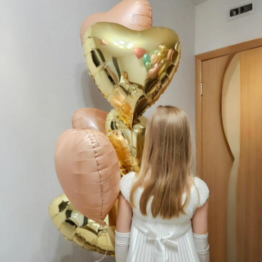 Фонтан фольгированные сердца золотые и пудровые для нее, маме,мамы, на день матери-7шаров