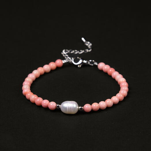 Браслет Рута Белый жемчуг культивированный и Розовый коралл Rh+ 19 см (BRA1148)