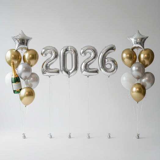 Цифры 2026 и два фонтана из шаров на Новый год