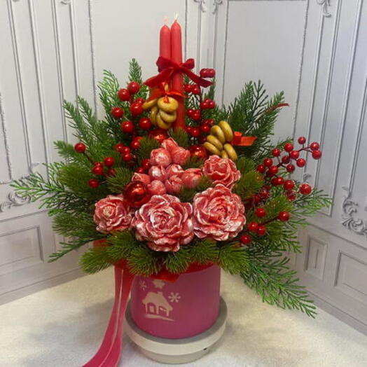 Рождественский букет из свечей роз и бубликов 🎄🌹