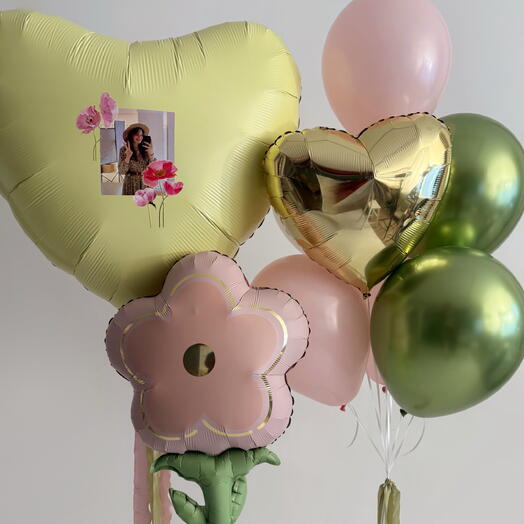 Шары девушке 🌸 Большое сердце с вашим фото или надписью, цветок и фонтан из 7 шаров