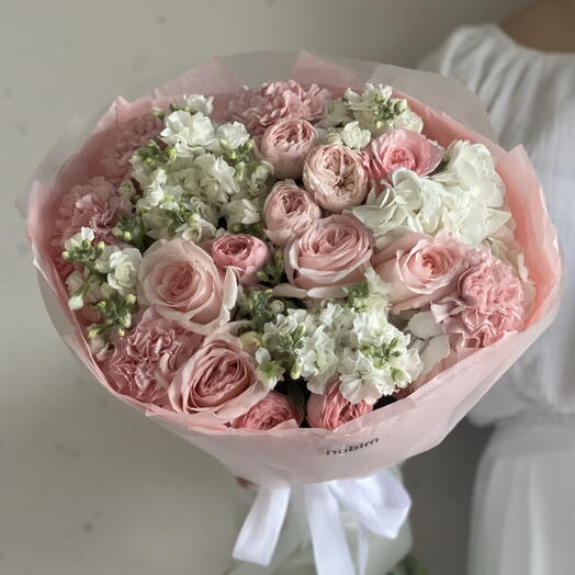 Букет ароматный, нежный, розовый 💖 гортензия, пионовидные кустовые розы, ароматные пионовидные розы, диантусы, маттиола размер L