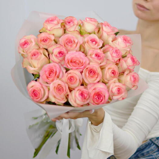 Букет розовые розы, 25 роз