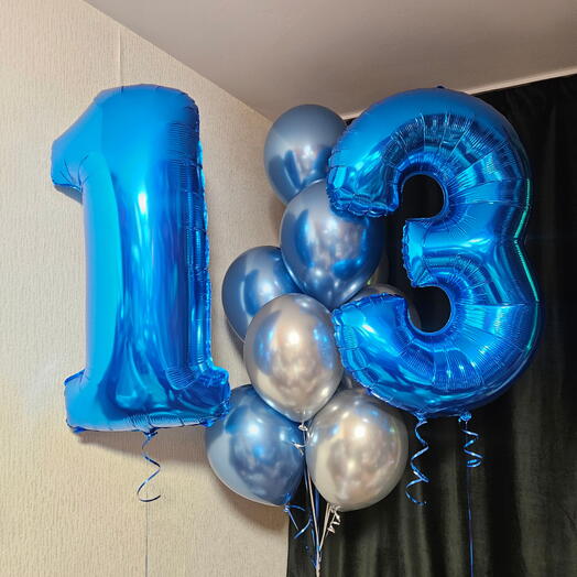 Набор синих и серебряных хромированных шаров на 13лет сына, мальчика- 11шаров