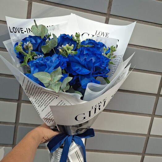 Синеглазка💙Букет из французских синих роз,оксипеталума и эвкалипта