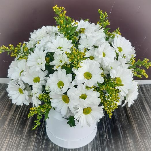 Цветы в коробке из хризантемы кустовой, солидаги