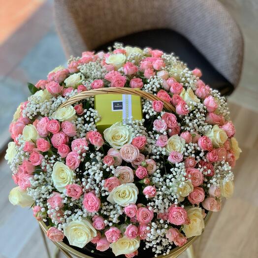 Pink Spray Roses, White Roses in basket of flower with Patchi Chocolate