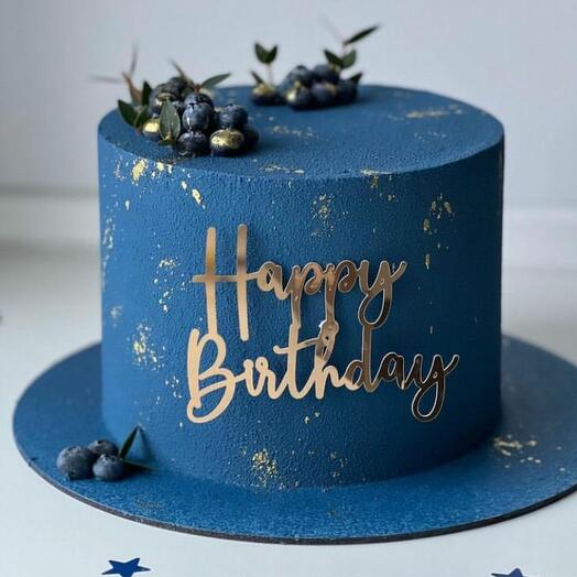 Торт велюровый с топпером Happy Birthday и ягодками голубики