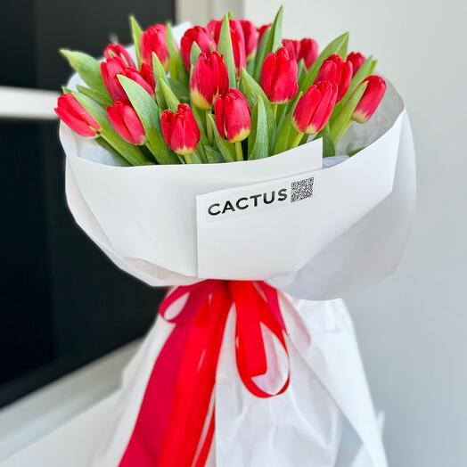Моно букет из 25 красных тюльпанов в фирменной упаковке