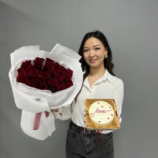 25 красных роз + бенто торт