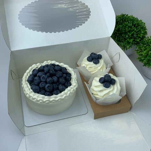 Комбо-набор бенто-торт и капкейки со свежей голубикой, начинкой и сливочным кремом (2 шт)