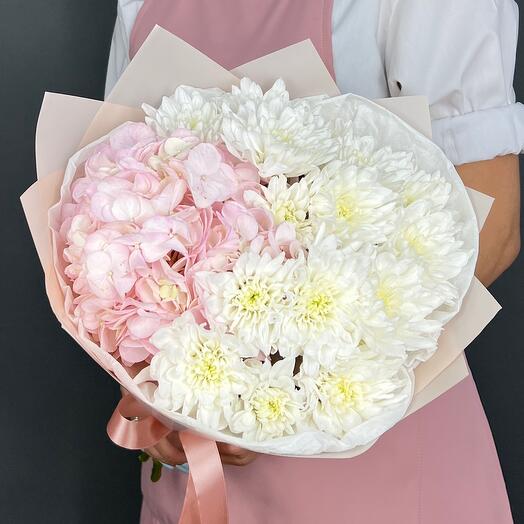 Bouquet of flowers. Pink Hydrangea and white Chrysanthemum