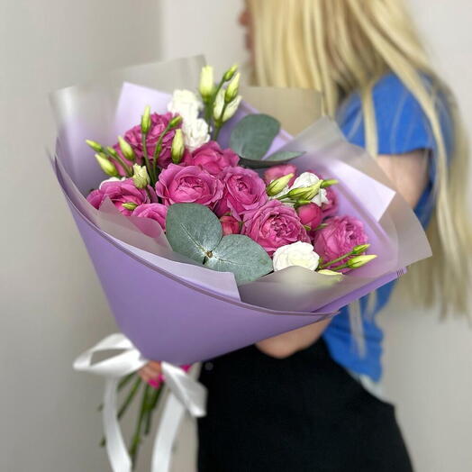 Delicate bouquet with peony roses and eustoma