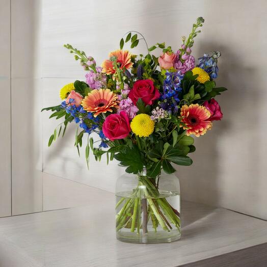 Bouquet de Rosas Fucsia y Melocoton con Gerberas y Crisantemos