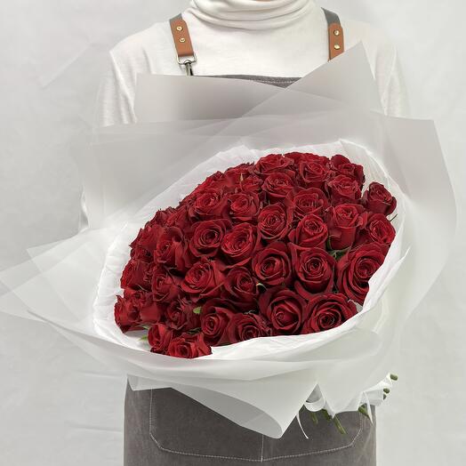 Bouquet of 51 red roses in a package, height 40 cm