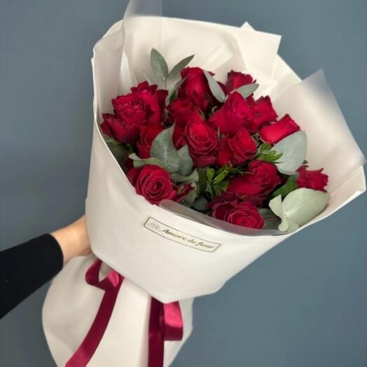 Bouquet of red roses with eucalyptus