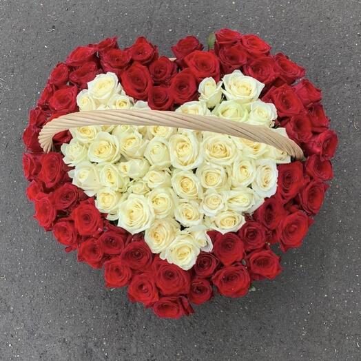 Red and white roses in basket