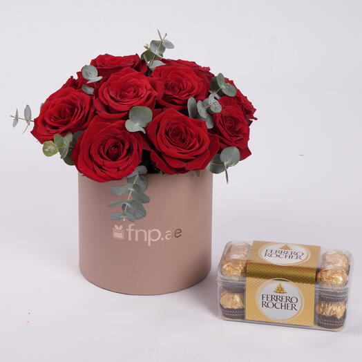 Red Roses in Box with Ferrero Rocher Combo