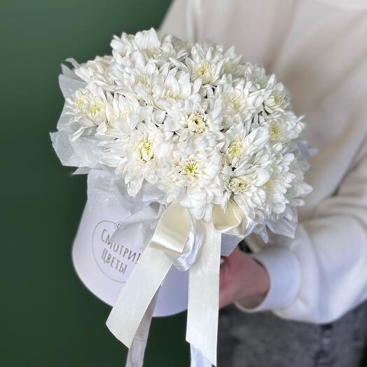 Белоснежная коробочка с пушистой хризантемой