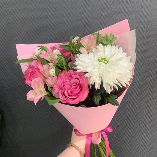 Нежный букет🌸 пионовидная роза, альстромерия и хризантема